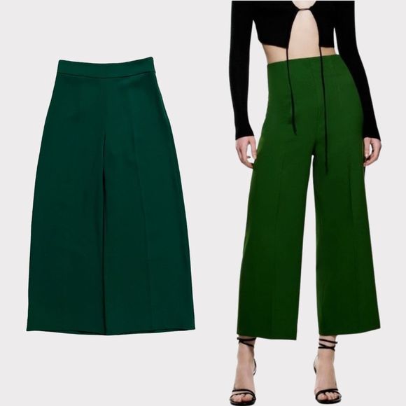 Zara High Waist Wide Leg Culottes Small Green Womens High Rise Cropped Pants - Picture 1 of 8